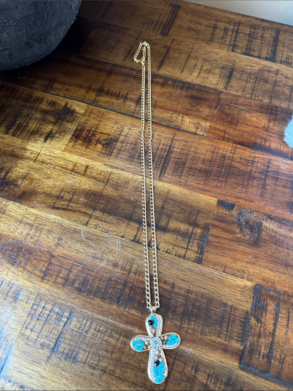 Gold Cross Pendant Necklace with Turquoise Beads - Women Jewelry